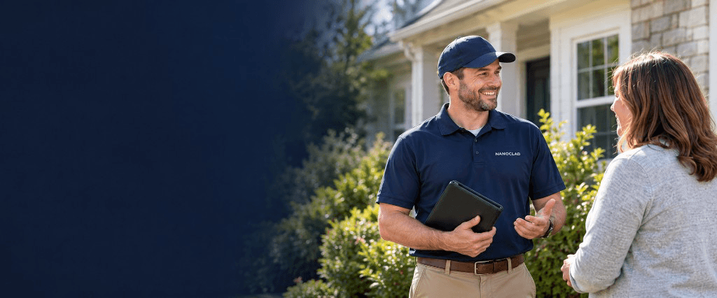 Nanoclad representative speaking with a homeowner outside a house